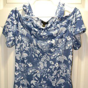 Espresso Los Angeles Blue White Print Cold Shoulder Top Womans Small NWT